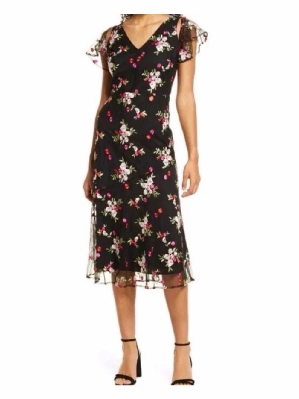 Sam Edelman Black Maxi Dress with Pink & Red Floral Embroidery